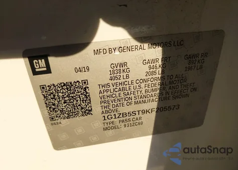 2019 Chevrolet Malibu 1Ls из США, поврежденный, VIN 1G1ZB5ST9KF205573